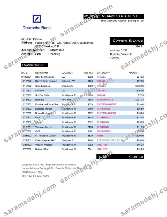 Mexico Deutsche bank statement easy to fill template in Excel and PDF format